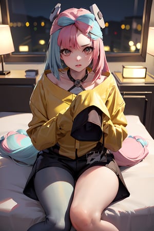 Sitting, ((highly detailed)),((perfect anatomy)),masterpiece,scenery,intricately detailed, hyperdetailed, blurry background, depth of field, best quality, intricate details,  tonemapping, sharp focus, hyper detailed, high 1res, ((at night)),((in bed room)),iono1,long hair, yellow jacket, long sleeves, hair ornament,short pants, from above 