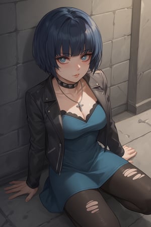 Squatting by wall,blush, (score_9, score_8_up, score_7_up),masterpiece, high-quality,perfect anatomy, expressive eyes,(perfect face),darkness,((on night city alley, neon)),takemicasualp5, short hair, bob cut, black hair, blue hair, choker, necklace, leather jacket, blue dress, spiderweb, ripped pantyhose, makeup,eyeliner,takemip5,from above 