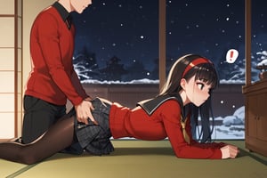 Man grab hip,man behind woman, All fours on tatami, blush, snowing,(score_9, score_8_up, score_7_up),masterpiece, high-quality,perfect anatomy, expressive eyes, perfect face,((background is japanese bedroom at night)) ,yukikodef, black long hair, black eyes, red hairband, school uniform, red sweater, red cardigan, black sailor collar, yellow neckerchief, long sleeves, skirt, black pantyhose,from side,spoken exclamation mark