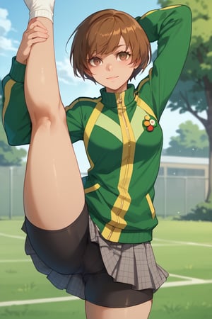 ((STANDING_SPLIT)),(score_9, score_8_up, score_7_up),perfect anatomy, expressive eyes, perfect face,,((in school garden at sunset)),chiedef, brown hair, short hair, brown eyes,green track jacket, badges, skirt, houndstooth, bike shorts, white socks,