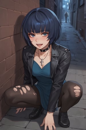 Squatting by wall,blush, open mouth, (score_9, score_8_up, score_7_up),masterpiece, high-quality,perfect anatomy, expressive eyes,(perfect face),darkness,((on night city alley, neon)),takemicasualp5, short hair, bob cut, black hair, blue hair, choker, necklace, leather jacket, blue dress, spiderweb, ripped pantyhose, makeup,eyeliner,takemip5,from above 