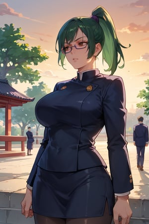 Standing,loocking away,large breasts,(score_9, score_8_up, score_7_up),perfect anatomy, expressive eyes, perfect face,((in school entrance at sunset)) ,MakizeninSDXL, exp, green hair, ponytail, long hair, brown eyes, purple glasses, jujutsu uniform, short skirt,pantyhose