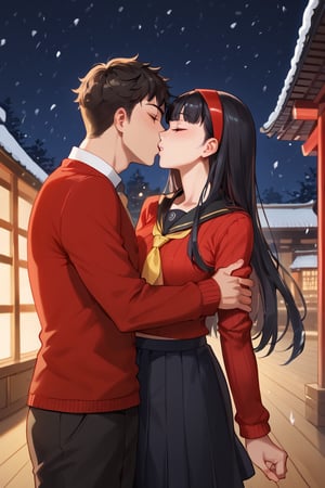 Man and woman kissing,man closed eyes, woman Surprised eyes, snowing,(score_9, score_8_up, score_7_up),masterpiece, high-quality,perfect anatomy, expressive eyes, perfect face,((background is japanese shrine at night)) ,yukikodef, black long hair, black eyes, red hairband, school uniform, red sweater, red cardigan, black sailor collar, yellow neckerchief, long sleeves, face close-up, 