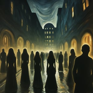 (exquisite illustration:1.4), (masutepiece:1.0), (Best quality:1.4), (超High resolution:1.2), dark vibes, ((a painting of a human shadow figure standing alone in a bustling city street, seemingly unnoticed by the people around. The shadow's edges are slightly blurred, symbolizing the feeling of being disconnected or invisible. Above the figure, a swirl of ghostly whispers and faces represent the internal voices and thoughts that can overwhelm someone with schizophrenia.)), style of Edvard Munch,Renaissance Sci-Fi Fantasy,darkart