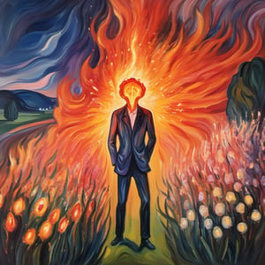 (exquisite illustration:1.4), (masutepiece:1.0), (Best quality:1.4), (超High resolution:1.2), dark vibes, ((a painting of a lonely man standing in a beautiful flowers garden at night but his head burning with big fire like explosion until he lost his face, only burning fire like surreal)), oil painting, blurry, oil shade, style of Edvard Munch,abstract paintings,ColorART