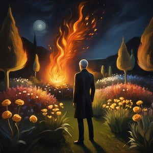(exquisite illustration:1.4), (masutepiece:1.0), (Best quality:1.4), (超High resolution:1.2), dark vibes, ((a painting of a lonely man standing in a beautiful flowers garden at night but his head burning with big fire like explosion until he lost his face, only burning fire like surreal)), oil painting, blurry, oil shade, style of Edvard Munch,Renaissance Sci-Fi Fantasy,darkart