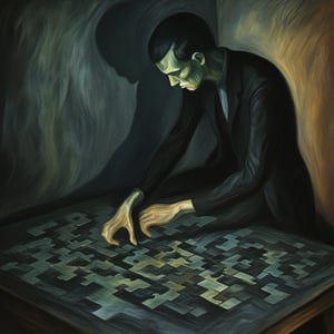 (exquisite illustration:1.4), (masutepiece:1.0), (Best quality:1.4), (超High resolution:1.2), dark vibes, ((a painting of a shadow figure is shown trying to piece together a puzzle where each piece is a different aspect of their face, in a room scattered with incomplete puzzles.)), oil painting, blurry, oil shade, style of Edvard Munch,darkart