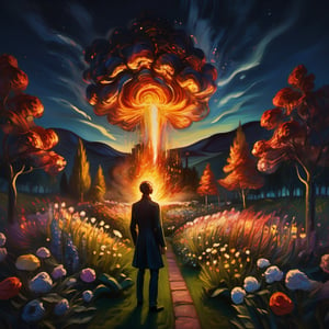 (exquisite illustration:1.4), (masutepiece:1.0), (Best quality:1.4), (超High resolution:1.2), dark vibes, ((a painting of a lonely man standing in a beautiful flowers garden at night but his head burning with big fire like explosion until he lost his face, only burning fire like surreal)), oil painting, blurry, oil shade, style of Edvard Munch,Renaissance Sci-Fi Fantasy,ColorART