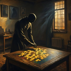 (exquisite illustration:1.4), (masutepiece:1.0), (Best quality:1.4), (超High resolution:1.2), dark vibes, ((a painting of a shadow figure is shown trying to piece together a puzzle where each piece is a different aspect of their face, in a room scattered with incomplete puzzles.)), oil painting, blurry, oil shade, style of Edvard Munch,Renaissance Sci-Fi Fantasy,darkart