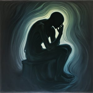 (exquisite illustration:1.4), (masutepiece:1.0), (Best quality:1.4), (超High resolution:1.2), dark vibes, ((a painting of a shadow figure seated in a hunched position, surrounded by faint, ghostly whispers and ethereal floating words against a dark, blurred background.)), oil painting, blurry, oil shade, style of Edvard Munch,ColorART