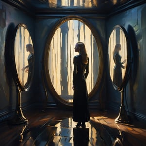 (exquisite illustration:1.4), (masutepiece:1.0), (Best quality:1.4), (超High resolution:1.2), dark vibes, ((a painting of figure stands before a cracked mirror, in which their reflection is fragmented. Shadowy figures loom in the background, representing past selves or moments, blurred and indistinct)), oil painting, blurry, oil shade, style of Edvard Munch,Renaissance Sci-Fi Fantasy,ColorART