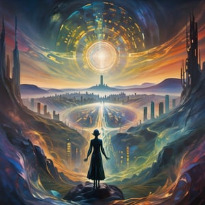 (exquisite illustration:1.4), (masutepiece:1.0), (Best quality:1.4), (超High resolution:1.2), dark vibes, ((a painting of a shadow figure stands in the center, with multiple translucent arms reaching out in different directions. Behind them, a kaleidoscope of fragmented landscapes - part cityscape, part wilderness, all in muted, dreamlike colors.)), oil painting, blurry, oil shade, style of Edvard Munch,Renaissance Sci-Fi Fantasy,ColorART