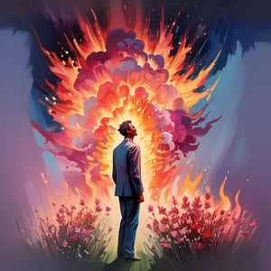 (exquisite illustration:1.4), (masutepiece:1.0), (Best quality:1.4), (超High resolution:1.2), dark vibes, ((a painting of a lonely man standing in a beautiful flowers garden at night but his head burning with big fire like explosion until he lost his face, only burning fire like surreal)), oil painting, blurry, oil shade,abstract paintings,ColorART,James Gilleard