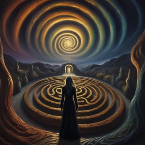 (exquisite illustration:1.4), (masutepiece:1.0), (Best quality:1.4), (超High resolution:1.2), dark vibes, ((a painting of a shadow figure stands at the entrance of a labyrinth, which is designed with intricate, swirling patterns. The walls of the maze appear to be made of wispy, smoke-like substances, representing intangible thoughts and fears. The sky above is a chaotic swirl of colors.)), oil painting, blurry, oil shade, style of Edvard Munch,Renaissance Sci-Fi Fantasy,darkart