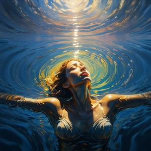 (exquisite illustration:1.4), (masutepiece:1.0), (Best quality:1.4), (超High resolution:1.2), dark vibes, ((a painting of a figure lies in a shallow pool of water, looking up at the sky. The water casts rippling shadows over their face, creating an illusion of depth and movement.)), oil painting, blurry, oil shade, style of Edvard Munch,Renaissance Sci-Fi Fantasy,ColorART
