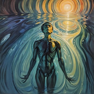 ((abstract painting:1.3)) in the style of David Schnell, oil on canvas, Leipzig School, (exquisite illustration:1.4), (masutepiece:1.0), (Best quality:1.4), (超High resolution:1.2), dark vibes, ((a painting of a figure lies in a shallow pool of water, looking up at the sky. The water casts rippling shadows over their face, creating an illusion of depth and movement.)), oil painting, blurry, oil shade, style of Edvard Munch,Renaissance Sci-Fi Fantasy,ColorART,abstract paintings