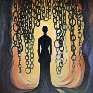 (exquisite illustration:1.4), (masutepiece:1.0), (Best quality:1.4), (超High resolution:1.2), dark vibes, ((a painting of a shadow figure stands with its back to the viewer, looking at a wall where numerous shadowy chains stretch out, each linked to a different image or symbol representing past events. The overall ambiance is somber, with a monochromatic color scheme.)), oil painting, blurry, oil shade, style of Edvard Munch,ColorART,abstract paintings