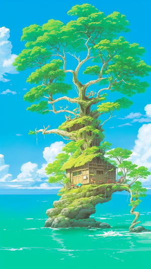 huge green treehouse floating over an ocean with surfable waves, in a vivid fantasy world, vibrant green and aqua blue