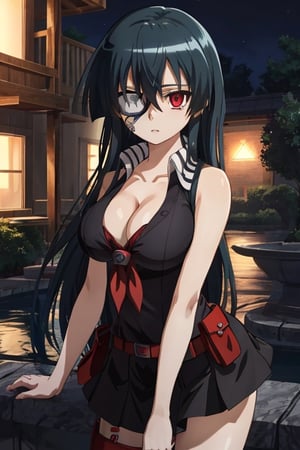 akame \(akame ga kill!\), akame (akame ga kill), (masterpiece, best quality), (black eye patch on right eye), cleavage, medium large breasts, short black skirt, extremely detailed, intricate details, lush detail, insanely detailed face, beautiful red right eye, shiny skin, sharp eyes), (one girl), (night)
