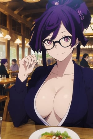 (masterpiece), ((best quality)), yuzuriha_(jigokuraku), (extremely detailed), purple hair, brown eyes, cleavage, big breasts, bun, ninja, fancy clothes, long yellow sleeves, white shirt, glasses black people, bright eyes, drinking coffee in a restaurant, shadows