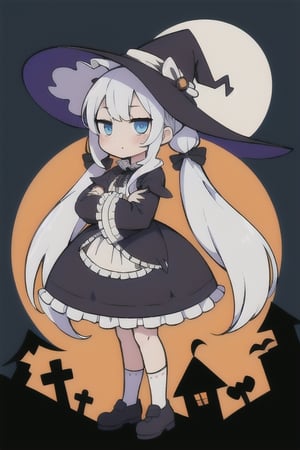 1girl,  ((white_hair,  twin_tails,  long_hair, chibi,  blue_eyes, frilly, witch_costume, witch_hat, magic_wand, gothic_lolita, halloween, full_moon)),  posing