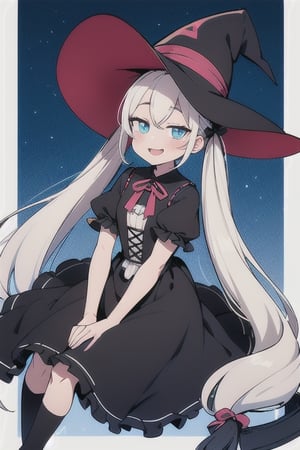 1girl, best quality, cute, ((white_hair)), straight_hair, twin_tails, very_long_hair, hair ribbons, beautiful eyes, blue_eyes, (long_eyelashes), witch_hat, witch_costume, gothic lolita, frilly dress, puffy skirt, magic_wand, sitting, smiling