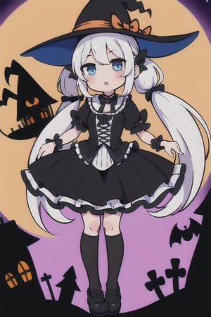 1girl,  ((white_hair,  twin_tails,  long_hair, chibi,  blue_eyes, frilly, witch_costume, witch_hat, magic_wand, gothic_lolita, black_cat, halloween, full_moon)),  posing