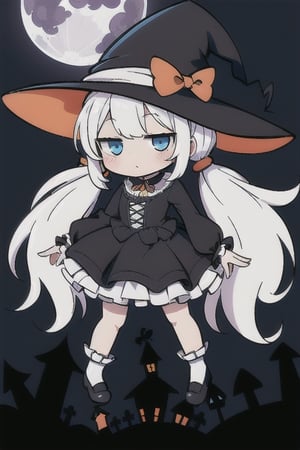 1girl,  ((white_hair,  twin_tails,  long_hair, chibi,  blue_eyes, frilly, witch_costume, witch_hat, magic_wand, gothic_lolita, black_cat, halloween, full_moon)),  