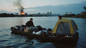 cinematic medium shot film still, high contrast:1, a cinematic motion picture film, artistic creative color photography style, Kodak color film style, cinemascope, film grain, (Two old hunters are floating down the river on a homemade raft full of provisions, boxes and all sorts of household items, there is a tourist tent at the stern of the raft, the silhouette of an apocalyptic burning ruins scape with explosions in smoke is visible on the horizon, evening).