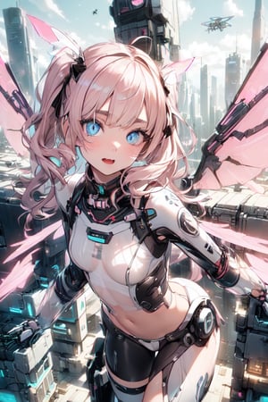 (((Girl in pink and white high-tech bodysuit flying over future city:1.5))), (future city:1.3)), ((brown eyes)) headgear, brown hair, twin tails, smile, (perfect pretty face), (small mechanical wings:1.5)), must piece, super detailed CG, super detailed details,fine -textured, 8K wallpaper, (perfect female figure:1.4), mechanical wings