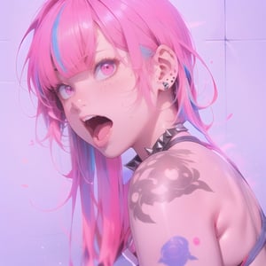 High detailed ,midjourney,perfecteyes,Color magic,piercing, 1girl, ass, spikes, solo, spiked_bracelet, black_hair, gloves, fingerless_gloves, multicolored_hair, looking_at_viewer, long_hair, breasts, hair_down, bangs, blush, sweat, alternate_hairstyle, ass_focus, pink_eyes, looking_back, pink_hair, thighs, from_below, tattoo, streaked_hair, free style,horror (theme),portrait,realistic,Mechagirl,midjourney,illustration,ASU1,fcloseup