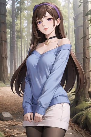 mabel pines, (masterpiece), (best_quality), sweater, 1girl,  blue_sweater, purple_sweater, standing, brown_hair, hairband, black_eyes, star_print, smile, very_long_hair, purple_hairband, choker, pantyhose, cowboy_shot, Mabel Pines, outdoors, forest
