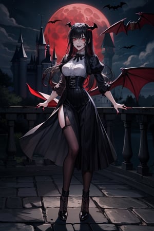 1 girl, black hair ,long straight hair ,red eyes , smile ,laugh , crazy, breasts, confident , full body, face scar, vampire, goth, long nails, claws, thin waist, slim body, blood, black clothes , black long skirt, black school uniform, (((castle))), fullmoon, red moon, night, bats