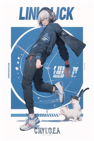 1girl, High detailed ,midjourney,perfecteyes,Color magic,urban techwear, cyborg,1boy, jacket, male_focus, black_pants, white_hair, white_footwear, hand_in_pocket, pants, short_hair, watch, holding_jacket, holding_clothes, shoes, cat, full_body, wristwatch, solo, shirt, character_name, holding, long_sleeves, blue_background, white_shirt, blue_jacket, looking_at_viewer, closed_mouth, english_text, headphones, standing, hair_between_eyes, sneakers, bangs, standing_on_one_leg, headgear, free style,horror (theme),portrait,realistic,Mechagirl,midjourney,illustration,ASU1,fcloseup