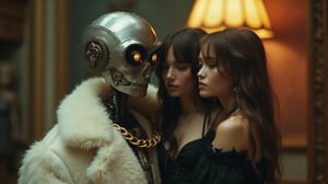 Ultra realistic close-up analog photo, depth of field, cinematic movie still, An old animatronic robot pimp with a gold chain around his neck dressed in a white fur coat hugs two girls in black tattered dresses.