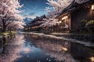 Sake, reflection, Cherry blossoms(best quality,Masterpiece