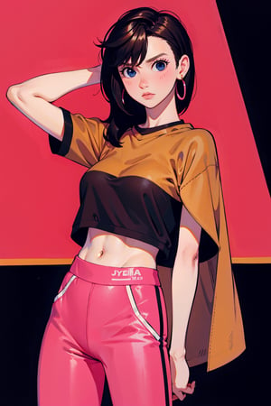 1girl, brown shirt,  pink pants,  {yoga pants},  shirt,  best quality,  fit,  brown cape,  plastic skin,  real clothes texture,momo ayase