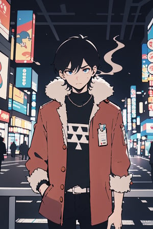 Guy with depression, smoking, sad expression, tired eyes, fur collar jacket, futuristic city, complex_background