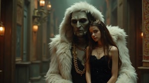 Ultra realistic close-up analog photo, depth of field, cinematic movie still, An old animatronic robot pimp with a gold chain around his neck dressed in a white fur coat hugs two girls in black tattered dresses.