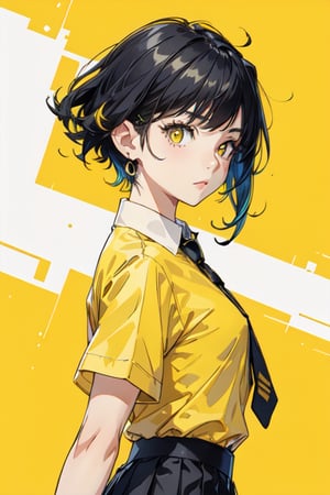 girl in school uniform with black and yellow hair standing in front of yellow background, 1girl, solo, yellow background, short hair, skirt, shirt, black hair, necktie, simple background, white shirt, yellow eyes, black necktie, jewelry, pleated skirt, from side, short sleeves, earrings, collared shirt, shirt tucked