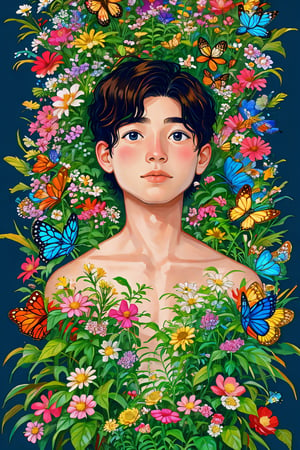 A boy, among the flowers, surrounded by butterflies. Several butterflies fell on the face. Oil painting.