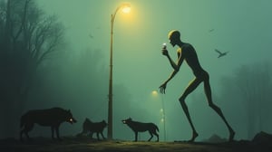 Generate a realistic image in the "FLUX" model, channeling the unsettling, surreal style of Zdzislaw Beksinski. The scene depicts a creepy, thin, and very tall humanoid figure with gaunt, elongated limbs, unscrewing a light bulb from a weathered street lamp. Nearby, a pack of wolves lurks in the shadows, their eyes gleaming with a predatory glint. The atmosphere is eerie and foreboding, with a foggy, dystopian backdrop that enhances the sense of dread and otherworldliness. SamYoung_Illustrations style