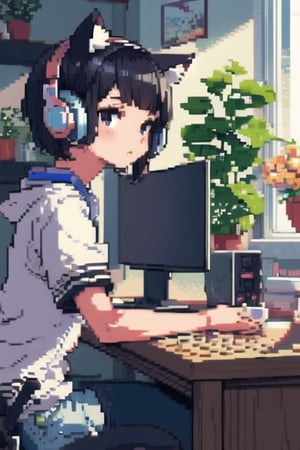 (masterpiece:1.2), (best quality), (ultra detailed), (8k, 4k, intricate),(full-body-shot:1), (highly detailed:1.2),(detailed face:1.2), (detailed background),detailed landscape, (dynamic pose:1.2), ((pixelart)), 1girl, solo, looking at viewer, short hair, bangs, black hair, animal ears, sitting, flower, food, shorts, looking back, indoors, cat ears, black eyes, cup, window, fake animal ears, headphones, chair, stuffed toy, table, plant, white flower, desk, potted plant, computer, monitor, keyboard (computer), animal ear headphones,pixelart