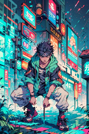 a man wearing a techwear hood, on top of the building, hidden face, male, night, neon lights, city background, cyberpunk, (1guy, solo), dark, jacket, short hair, full body shot, crouched, posing,itadori yuji,Kakashi Hatake,s4suk3,spiked hair