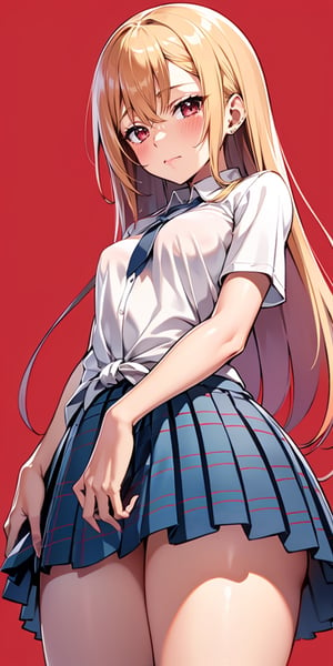 long hair, two side up 1girl, solo, shirt, blush, looking at viewer, white shirt, simple background, short sleeves, bangs, closed mouth, hair between eyes, crossed bangs, shirt tug, breasts, thighs, small breasts, t-shirt, naked shirt, from below, nude, school_girl, school
,Kitagawa