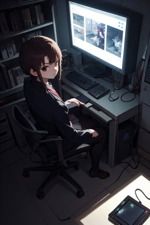 ((masterpiece, best quality;1.3)), ultra detailed, 1girl, solo,Lain Iwakura (Serial Experiments Lain),school uniform, looking at viewer,cute girl, cyber punk, computers,  lots of CRT monitors, hacker's room, lots of power cordS,FROM above, 