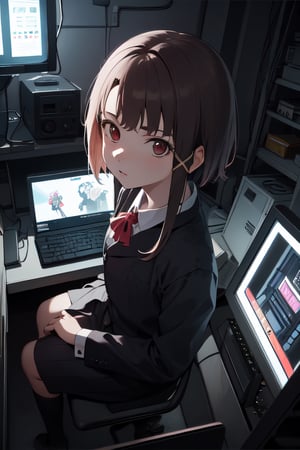 ((masterpiece, best quality;1.3)), ultra detailed, 1girl, solo,Lain Iwakura (Serial Experiments Lain),school uniform, looking at viewer,cute girl, cyber punk, computers,  lots of CRT monitors, hacker's room, lots of power cordS,FROM above, 