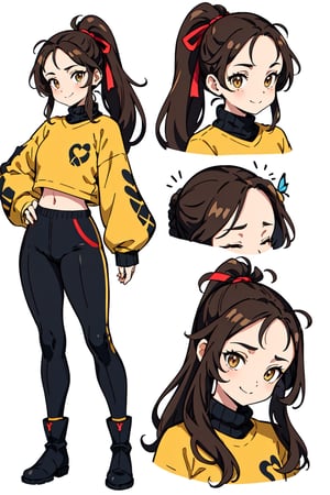 (CharacterSheet:1), (multiple views, full body, reference sheet:1),(simple background, white background),(masterpiece:1.2),  best quality ,1girl, cowboy shot, brown eyes, up close, wearing long pants, hair tied up, brown hair with yellow highlights, happy_face, visible forehead, hands_raised , half_up_hair, adventure outfit, smiling, medieval_outfit, sweater, jumper,  boots, no bangs, tracksuit, long_ponytail, hair_clips, wrist_band, ribbon_in_hair, 18 year old, cheerful, balancing pose, legs apart, looking at butterfly, undressing, stripping, lift_shirt, sex, naked, shy, head turned, looking_over_shoulder, medium_ass, back_view, from behind, backside, ass, back turned, hands on hips