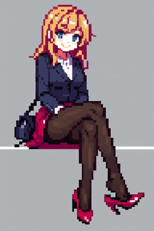 masterpiece, best quality, highres, 1girl, sitting, crossed legs, pantyhose, high heels, smile ,high heels,Pixel art