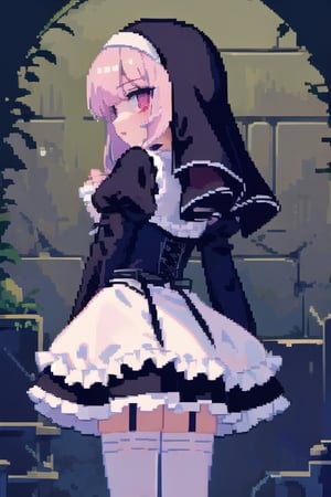 1girl, nun, habit, (gothic_lolita), drill_hair, corset, Pixel_Art, dungeon, garter_straps, garter_belt, thighhighs, from behind,,<lora:659111690174031528:1.0>